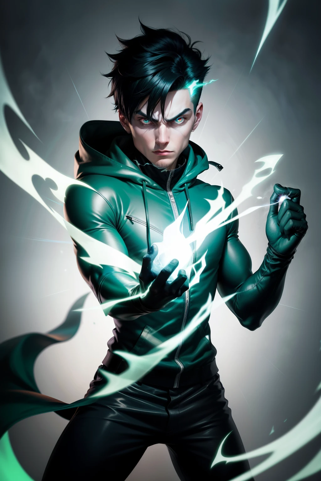 Danny Phantom, a ghostly superhero with emerald green eyes and jet-black hair, is depicted in this image. His iconic ghostly attire, complete with a hooded jacket and ghostly gloves, is illuminated by a pale, ethereal glow. His eyes are sharp and focused, reflecting his determination and courage as he confronts an unseen threat. The background is filled with a swirl of ghostly energy, further emphasizing his ghostly powers.