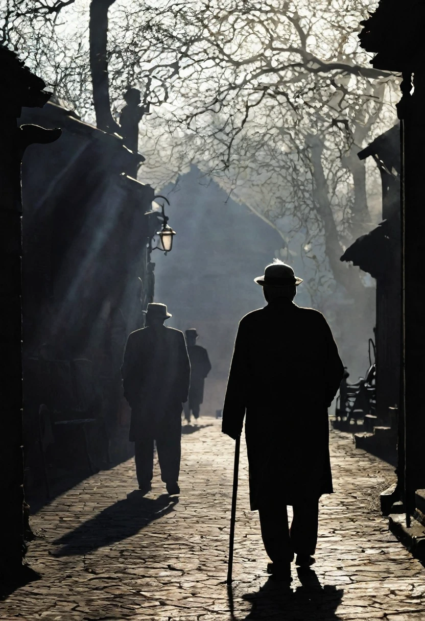 Silhouette of an old man's back,I had already finished, Carrying a basket of oranges on a station platform. The setting is a dimly lit train station, A train and passengers can be seen in the distance. Men have broad backs、the back is bent, Shows years of experience and the weight of responsibility. His hands are gnarled and calloused, Hold the basket handle firmly. I can't see his face, Focus the viewer's attention on his posture and the emotional depth of his silhouette. Although the atmosphere is gloomy、Filled with a sense of love and sacrifice.Destination: Mount Fuji