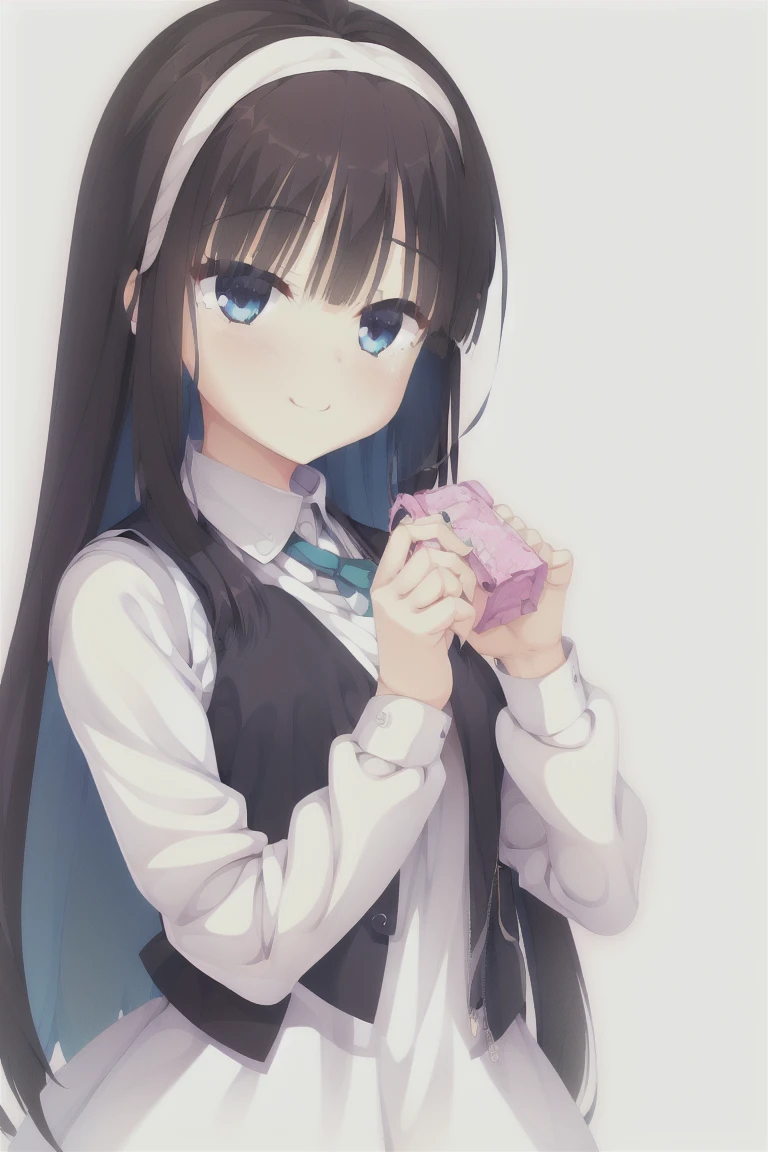 1girl,bangs,blunt_bangs,middle_long_hair,独奏,Blue_eyes,blush,simple_background,white_background,black_hair,necklace,smile,long_sleeves,dress,shirt,Vest,white_shirt,puffy_sleeves,own_hands_together,closed_mouth,(Blue_Vest:1.3), bangs, Vest gilet, pullover Vest, collared_shirt, (white dress:1.35),expensive_solve, clear_image, expensive_Contrast, 8k, Sparkling, beautiful_detailed_face_and_eye, (Black Hair:1.25), 白 eye,White background,White background
