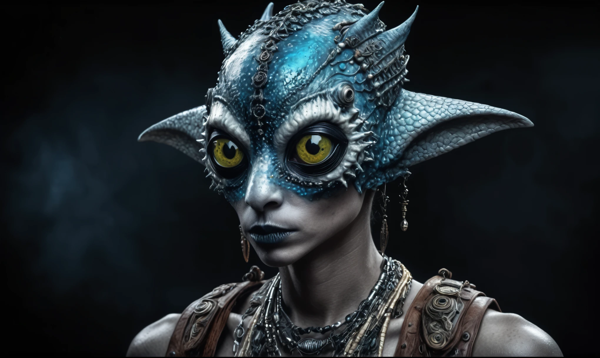 full body length shot,nerd graphite  Alien Entity,native africa slave ,azctec Finnish Lapland,Cinematic,soft colors, Technicolor,natural skin textures, hyper realism, hyper detailed,Extremely detailed,High contrast,Masterpiece,Realistic,Ultra Detailed, intricate details,realistic humid leather,extremely intricate details,Epic Realistic, cinematic style, irina yermolova,high contrast,hdr,extremely detailed,day landscape,masterpiece, intricate details, eyes extremely detailed, high detailed eyes,8k resolution,retina, Nikon Z9,Korea,orc,Egypt, Pisces, transition between two art styles,full body length, Double contact, X-ray, Creative, vivid light, fantasy, Abstract, Surrealism, super detailed, high resolution,insanity national folk wear,skin  almost translucent, gothic elements,Mestichino,Light particles,chaos,starfish's leather,"(The best lighting, dark, dramatic),(alien cat half-skull fetus, Hellraiser, Scars, , poison brain, , a rat inside the head, terror.),(fish eyes, calaveras