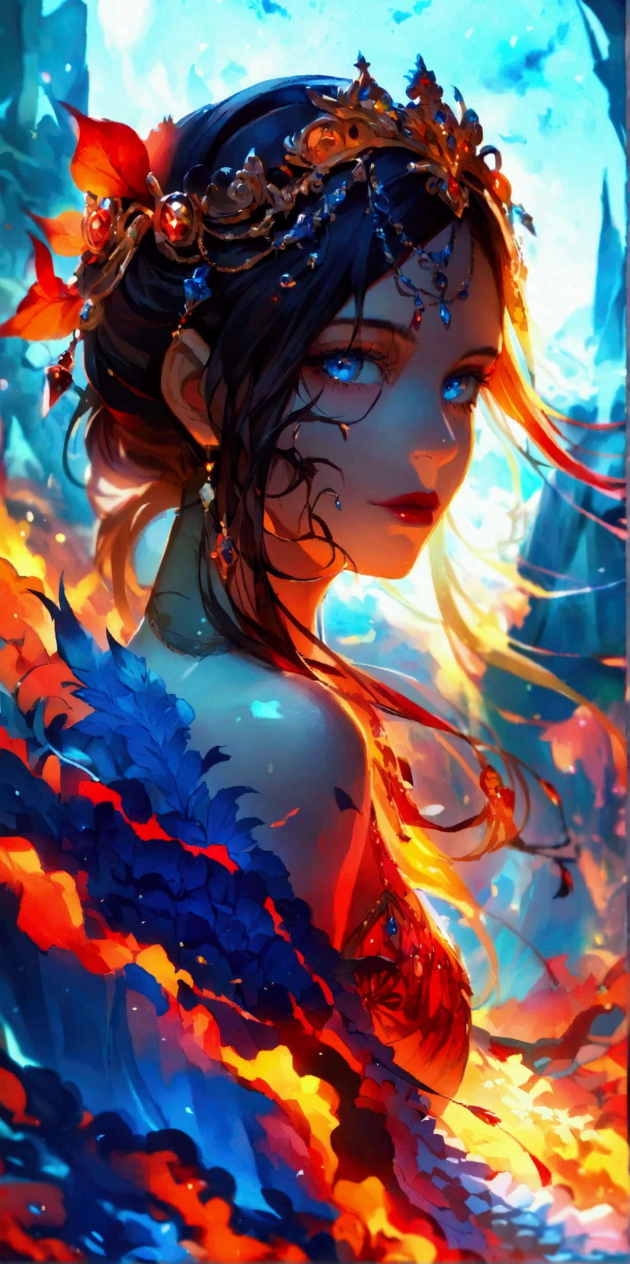 A dim volcano in the background，A long skirt made of magma，Beautiful goddess，Bright color pair,Beautiful blue eyes，((Look at the camera，Full body portrait))