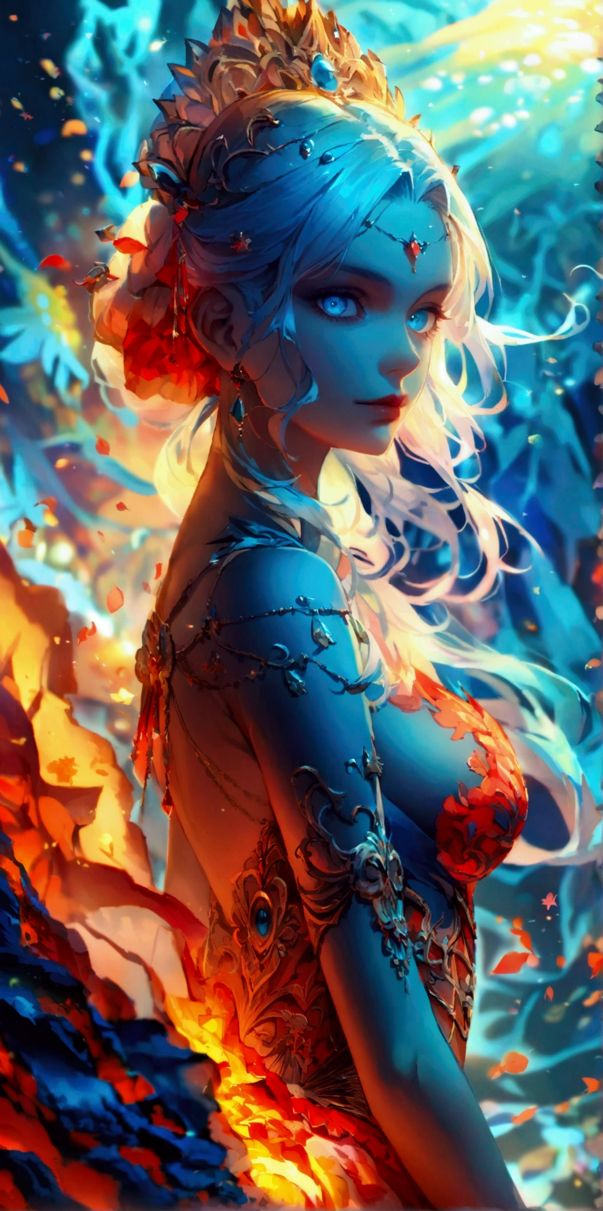A dim volcano in the background,A long skirt made of magma,Beautiful goddess,Bright color pair,Beautiful blue eyes,((Look at the camera,Full body portrait))