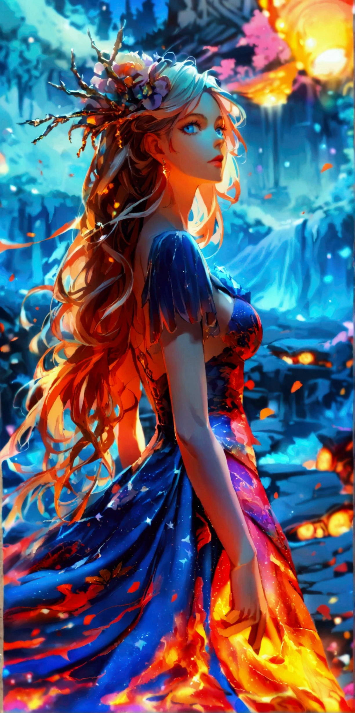 A dim volcano in the background,A long skirt made of magma,Beautiful goddess,Bright color pair,Beautiful blue eyes,((Look at the camera,Full body portrait))