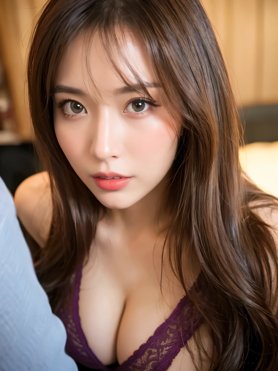 (Photorealistic、Masseter muscle area、Highest quality、High resolution、RAW Photos)、((full body, glamorous body,Perfect Detail)), Realistic、Bright lighting、Face Light、Smooth Professional Lighting、pretty girl、Beautiful woman、Modeled、gravure、natural makeup、so beautiful、Realistic and beautiful skin、plum thighs, Beautiful and detailed、Detailed face、Big tits、Cleavage、wavy hair、Brunette colored hair、Brown eyes, cute face,  plump lip, Straight nose, large dark eyes, Sharp chin line, upturned nose, looking at the camera、take a picture, Seductive Pose,  Sexy lingerie++,Enraptured eyes