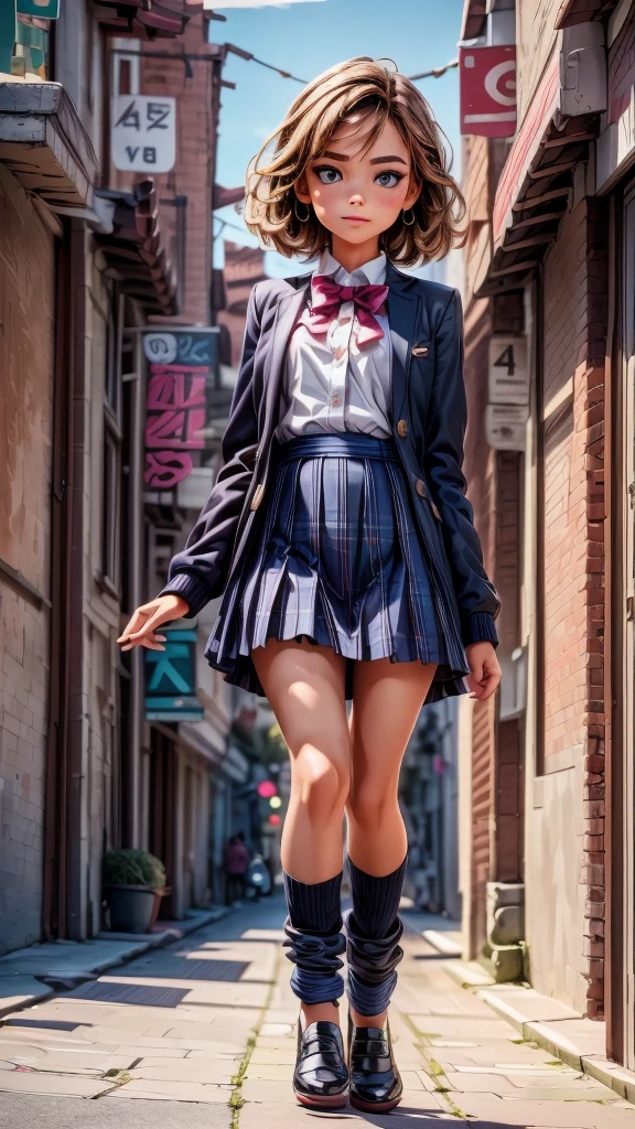 A beautiful young fashion model, 12 years old, full body, wearing a Latest fashion school uniform, comically jumping and walking down the runway, outdoor, audience, detailed face, large eyes, long eyelashes, beautiful lips, intricate hairstyle, (best quality,4k,8k,highres,masterpiece:1.2),ultra-detailed,(realistic,photorealistic,photo-realistic:1.37),vibrant colors, dynamic lighting, cinematic composition, fashion photography, whimsical, playful