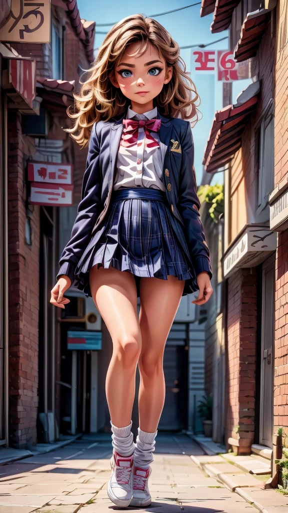 A beautiful young fashion model, 12 years old, full body, wearing a Latest fashion school uniform, comically jumping and walking down the runway, outdoor, audience, detailed face, large eyes, long eyelashes, beautiful lips, intricate hairstyle, (best quality,4k,8k,highres,masterpiece:1.2),ultra-detailed,(realistic,photorealistic,photo-realistic:1.37),vibrant colors, dynamic lighting, cinematic composition, fashion photography, whimsical, playful