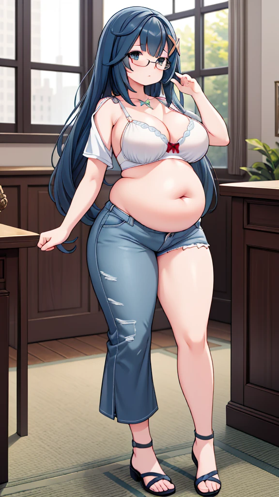 (masterpiece, best quality, highly detailed), 1girls, big belly, huge belly, art by kipteitei, round belly, chubby, curvy, belly grab, enormous belly, fat belly, thicc, bigger belly, really big belly, jiggly belly, shirt covering belly, belly cover by shirt, glasses, no shirt, bra, thight shorts, ((full body)), long hair