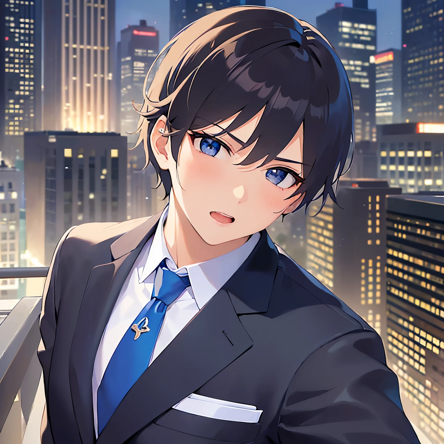 masterpiece、Highest quality、（looking at viewer:1.5）、
(25-year-old male:1.5) and(Black short hair) and (blue eyes), 
(suit:1.5) and (Blue tie）(suit:1.5) and (Blue tie）、
blush、Serious,open mouth,The background is the city at night