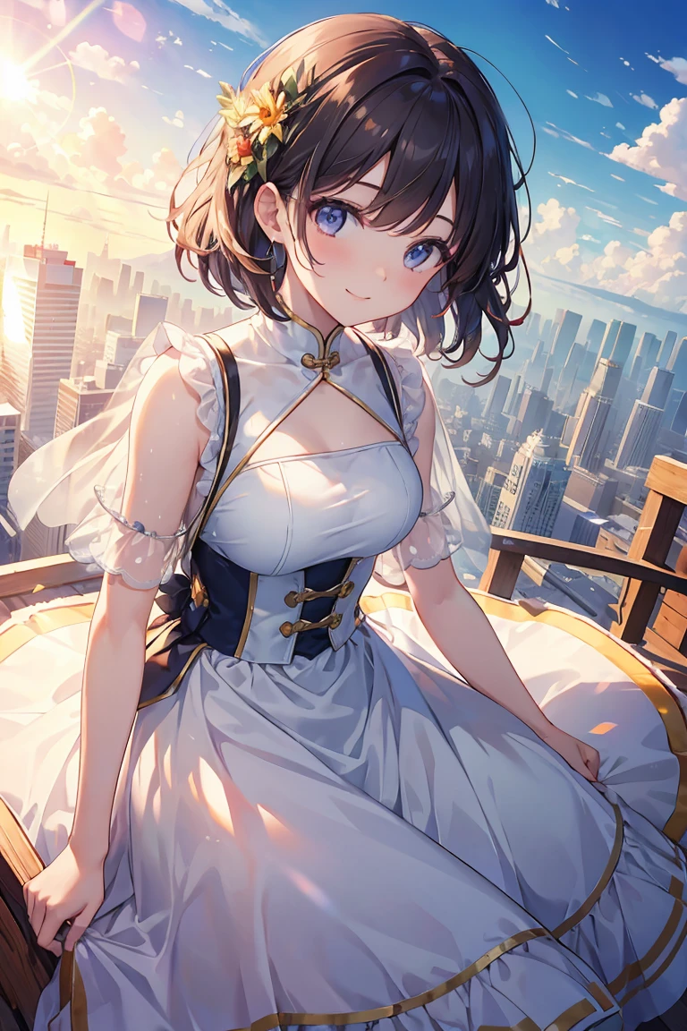 (masterpiece, Highest quality,Movie stills),Girl in the air,Sunshine Smile,sunlight,vitality,Cloud-based,heaven,Baiyun,rainbow,Wide-angle view,Soft Light