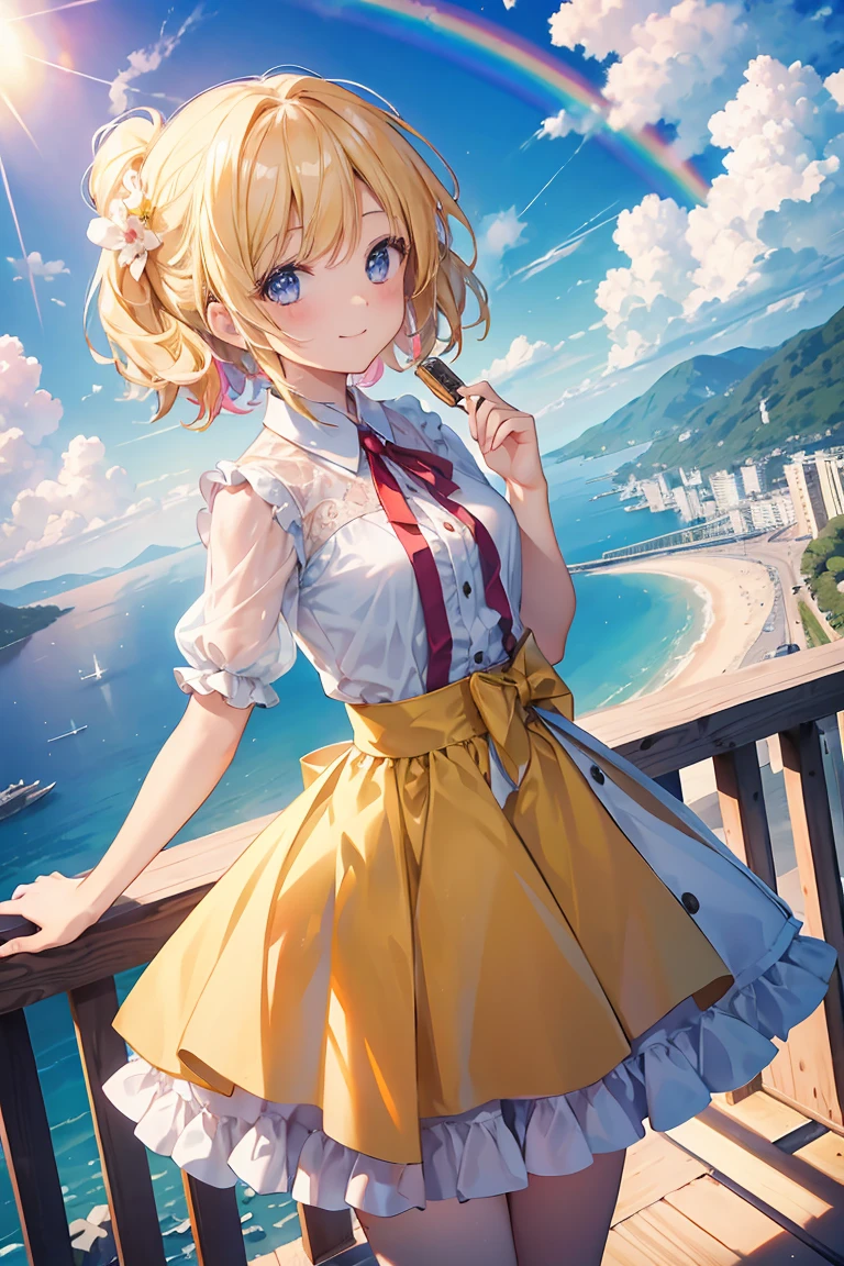 (masterpiece, Highest quality,Movie stills),Girl in the air,Sunshine Smile,sunlight,vitality,Cloud-based,heaven,Baiyun,rainbow,Wide-angle view,Soft Light