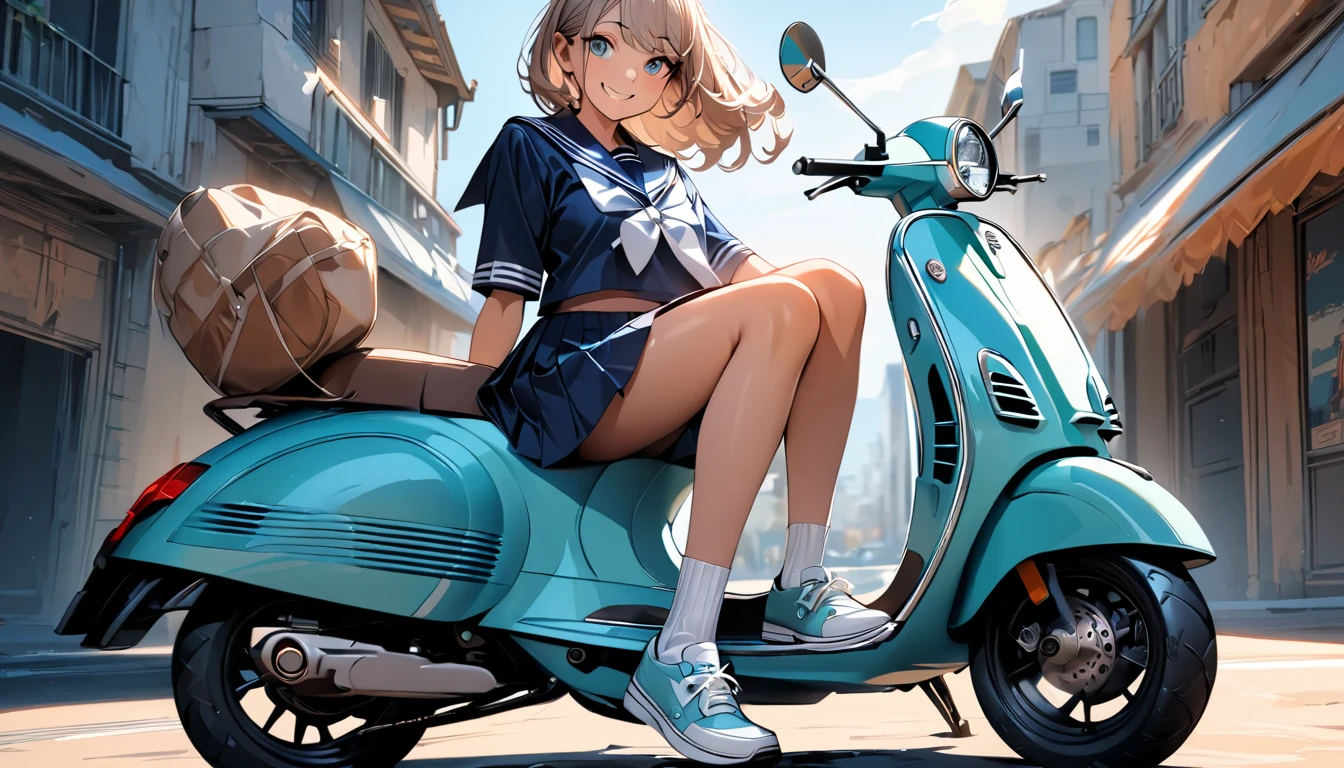 (Highest quality:1.2, Very detailed, Latest, Vibrant, Ultra-high resolution, High Contrast, Super Detail, masterpiece:1.2, Highest quality, Best aesthetics), (((1 girl))), Beautiful woman, (smile:1.2), Vespa, (high school girl riding a scooter), Detailed skin texture, Sailor suit, Pleated skirt, Detailed face, Detail Eye, Beautiful Eyes, Hair blowing in the wind, Detailed scooter, ((Vespa:1.2)), Pop Art.