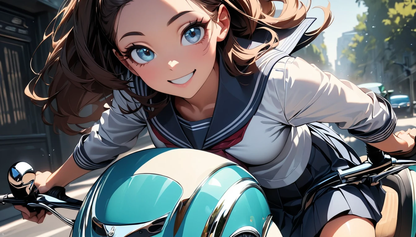 (Highest quality:1.2, Very detailed, Latest, Vibrant, Ultra-high resolution, High Contrast, Super Detail, masterpiece:1.2, Highest quality, Best aesthetics), (((1 girl))), Beautiful woman, (smile:1.2), Vespa, (high school girl riding a scooter), Detailed skin texture, Sailor suit, Pleated skirt, Detailed face, Detail Eye, Beautiful Eyes, Hair blowing in the wind, Detailed scooter, ((Vespa:1.2)), Pop Art.