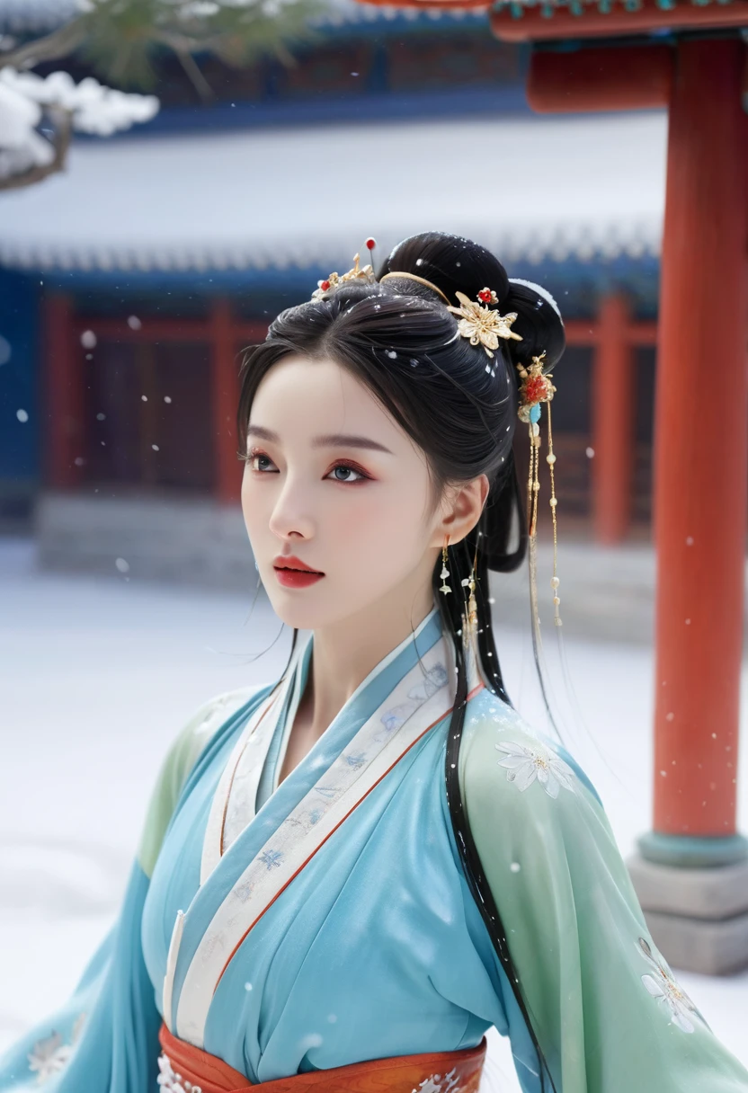 An ancient Chinese beauty dressed in Hanfu dancing on the snow,in the style of nikita veprikov,An affectionate gaze,flawless face,Snowflakes floating in the air,Movie Lighting,8k resolution,Unreal Engine,Highly Detailed,Concept Art Realistic,Ultra HD 