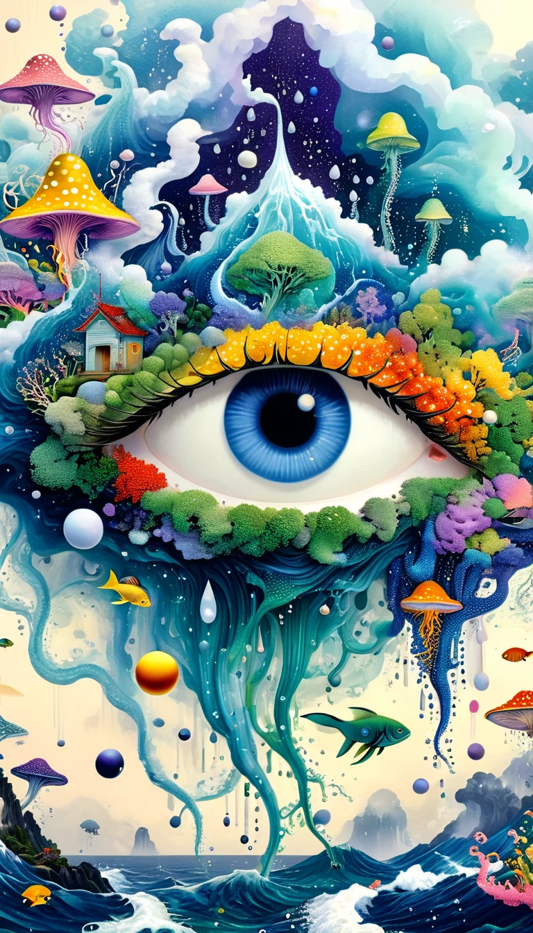 Strong visual fusion of multiple elements，Broto，来自Star的艺术家，Dopamine color scheme，house、Eye、pearl珠帘、pearl、Star、cloud、fish、Spore powder、Ocean、rain、Tentacles，Describing the inner world of autistic people，密集Pointillism method。Smooth lines。interesting，Strange illustration。Pointillism method。Strong contrast。Award-winning works。