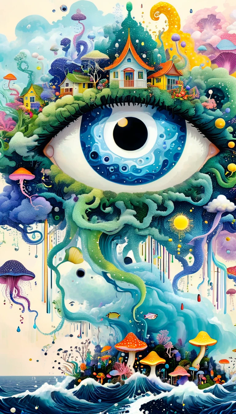 Strong visual fusion of multiple elements，Broto，来自Star的艺术家，Dopamine color scheme，house、Eye、pearl珠帘、pearl、Star、cloud、fish、Spore powder、Ocean、rain、Tentacles，Describing the inner world of autistic people，密集Pointillism method。Smooth lines。interesting，Strange illustration。Pointillism method。Strong contrast。Award-winning works。