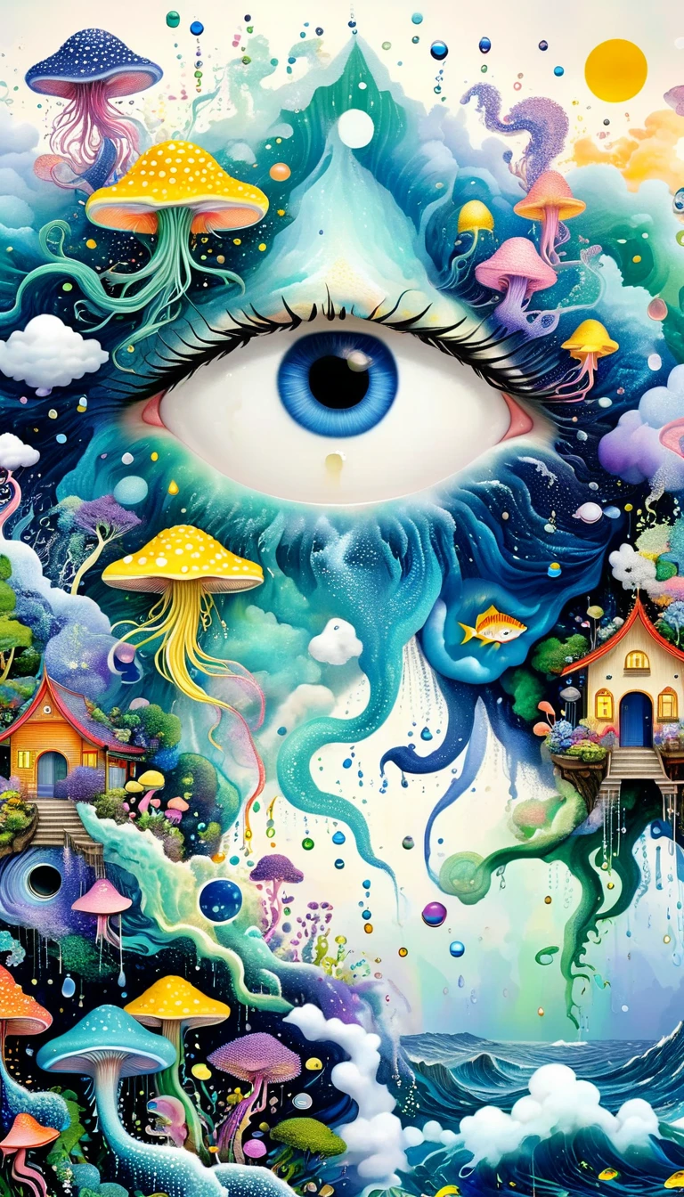Strong visual fusion of multiple elements,Broto,来自Star的艺术家,Dopamine color scheme,house、Eye、pearl珠帘、pearl、Star、cloud、fish、Spore powder、Ocean、rain、Tentacles,Describing the inner world of autistic people,密集Pointillism method。Smooth lines。interesting,Strange illustration。Pointillism method。Strong contrast。Award-winning works。