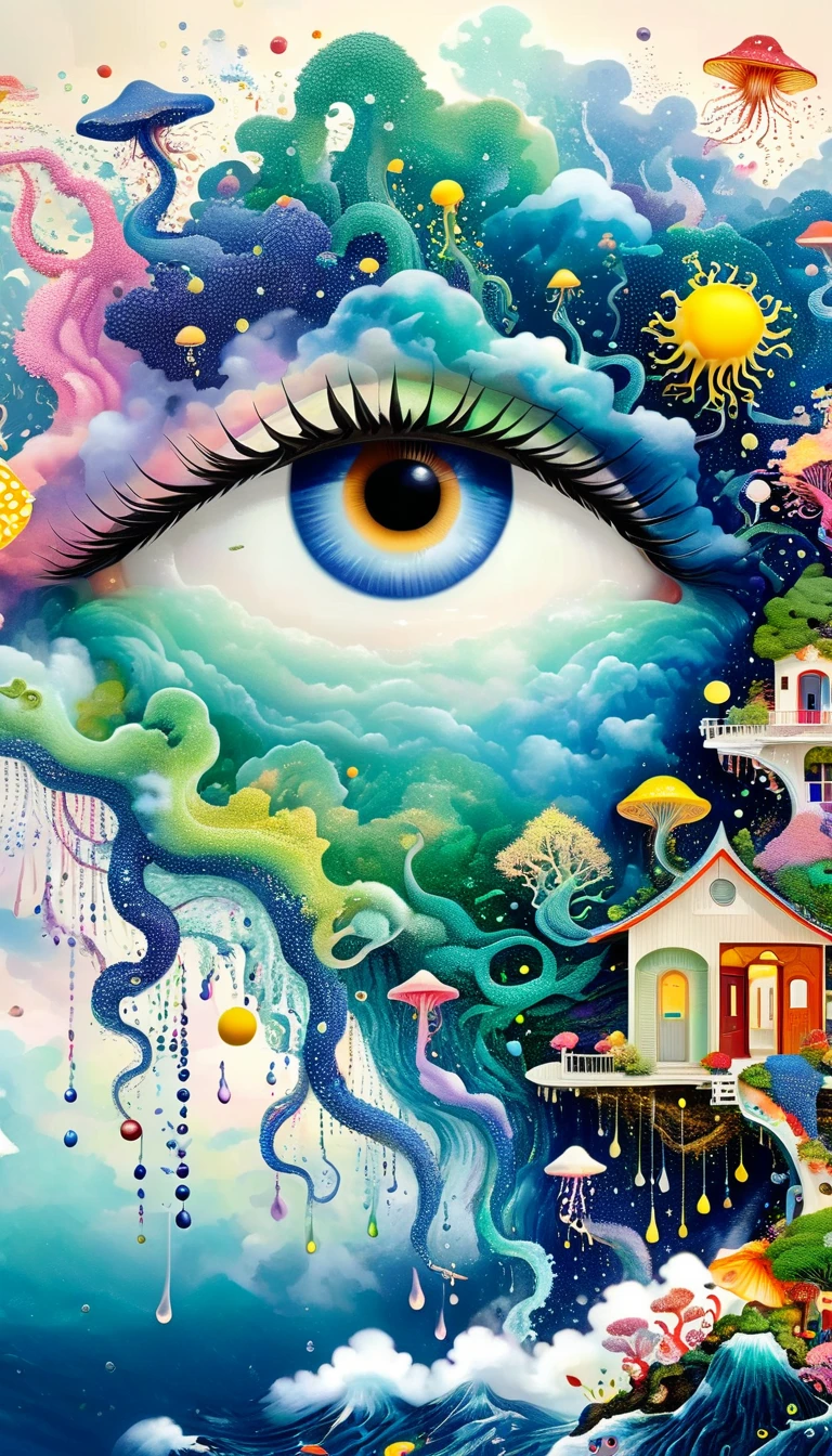 Strong visual fusion of multiple elements，Broto，来自Star的艺术家，Dopamine color scheme，house、Eye、pearl珠帘、pearl、Star、cloud、fish、Spore powder、Ocean、rain、Tentacles，Describing the inner world of autistic people，密集Pointillism method。Smooth lines。interesting，Strange illustration。Pointillism method。Strong contrast。Award-winning works。