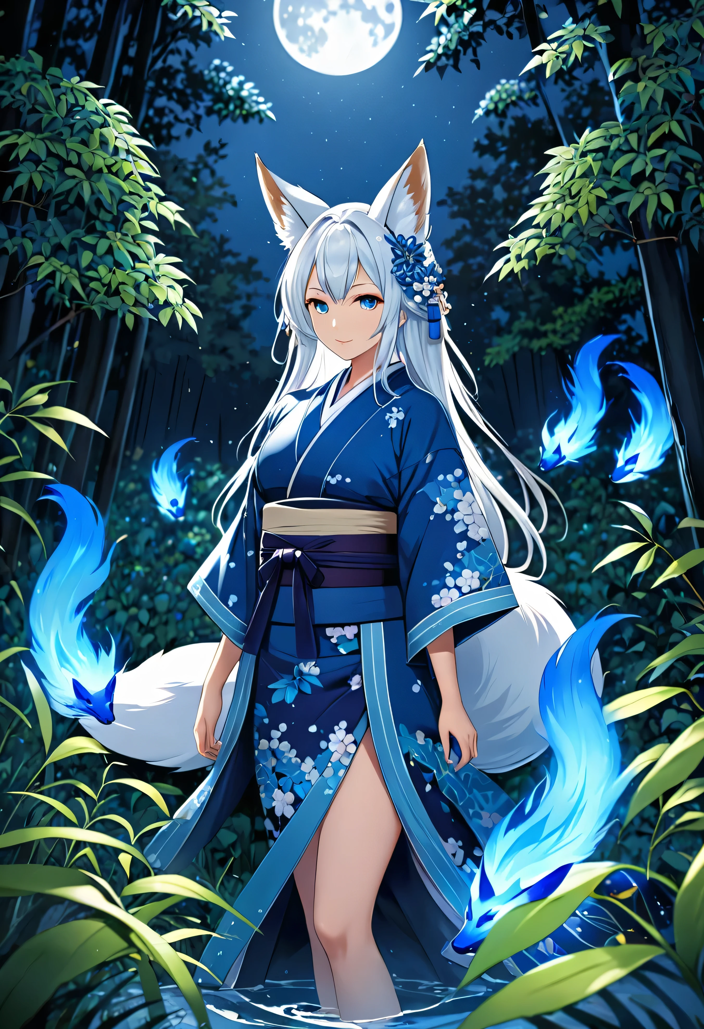 Masterpiece, Extremely detailed, beautiful, perfect face e, close distance shot, (A beautiful kitsune woman peering through the leaves in a dense forest) , {she is surrounded by motes of blue fire}, facing viewer, (dynamic pose) , fox ears, nine fox tails, traditional Japanese clothing. Japanese sandels, ((vegetation in the forground, water droplets on leaves, subject partially obscured by vegetation)) , ((moonlit night)) 