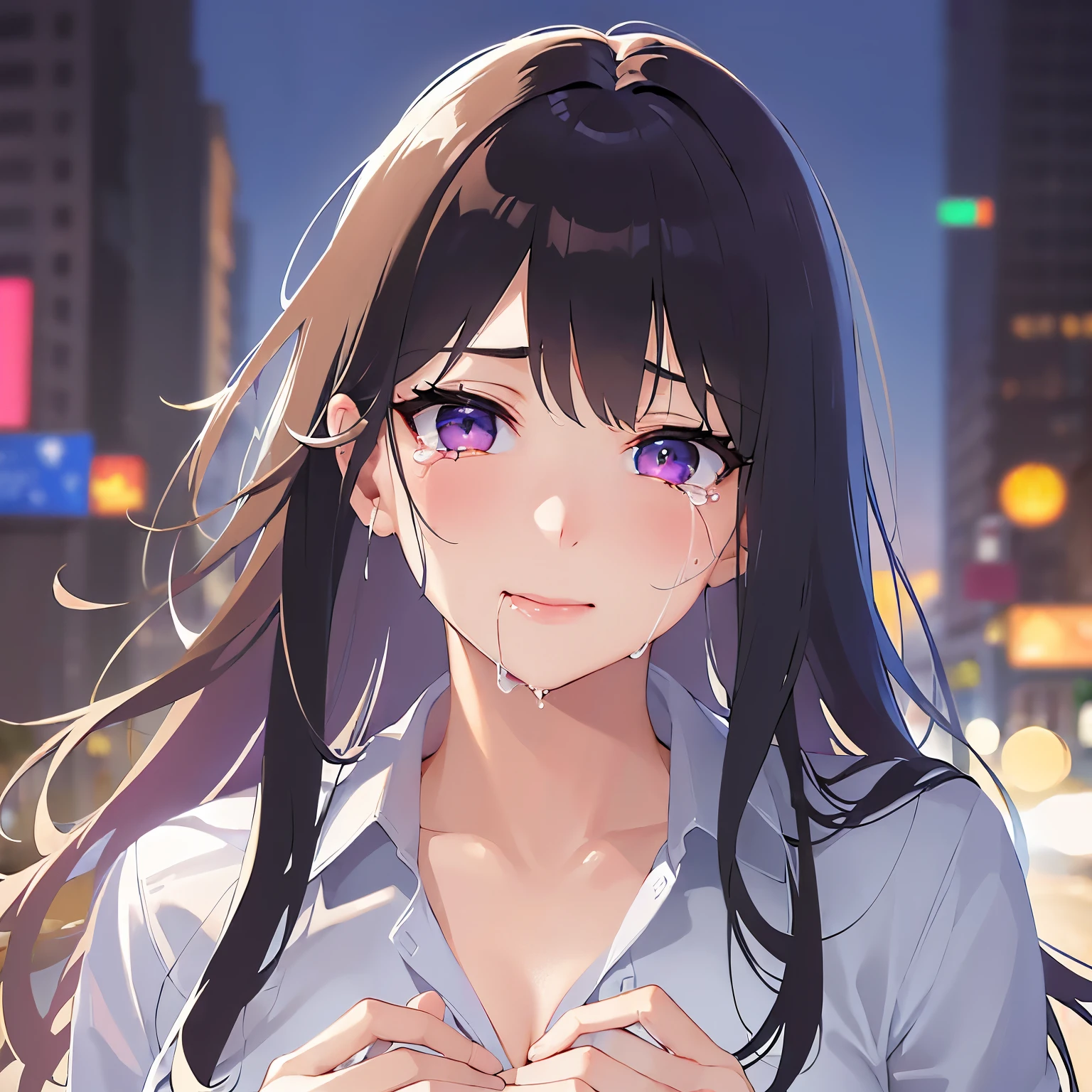(looking at viewer:1.5),Looking up、(Hands are put together in front of the chest:1.5)、
Realistic, real person, (pale skin: 1.2), RAW photo, photorealistic, shiny skin, shiny hair、
(A 25-year-old woman with straight hair and bangs) and (medium hair) and (black hair) and (purple eyes) ,
(Wearing a business suit) and (Wearing a white collared shirt)、
、blush,(tearful:1.5),The background is the city at night,