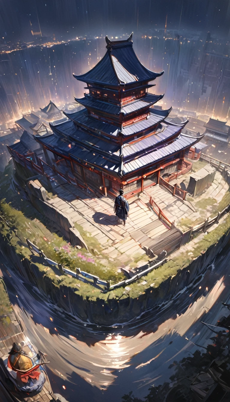 absurdres, ultra detailed, beautiful lighting, (focus solo boy)1.1, masterpiece, (Japanese traditional kimono)1.2, Realism, Meiji art, (Samurai)1.2, atmosphere,wide shot, from above, Attractive composition, Impressionism