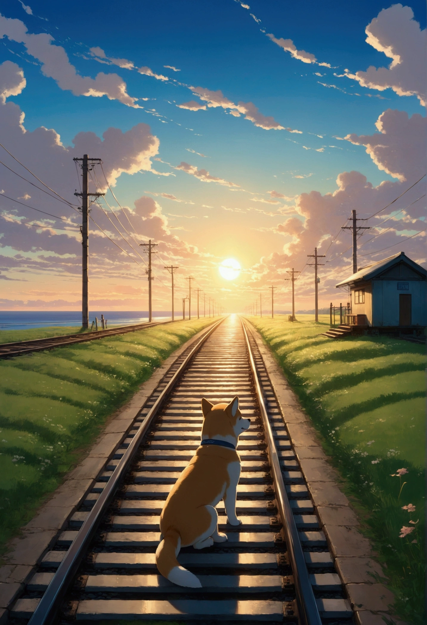 Makoto Shinkai Taste, Beautiful Landscape, Beautiful sky, （Shiba Inu Puppy,Drawn small,）, Healing scenes, Full of hope, Detailed Description, Beautiful sunrise, Angle from afar, The sea at the end of the road, train tracks, Soft Light, Fantastic landscape, 