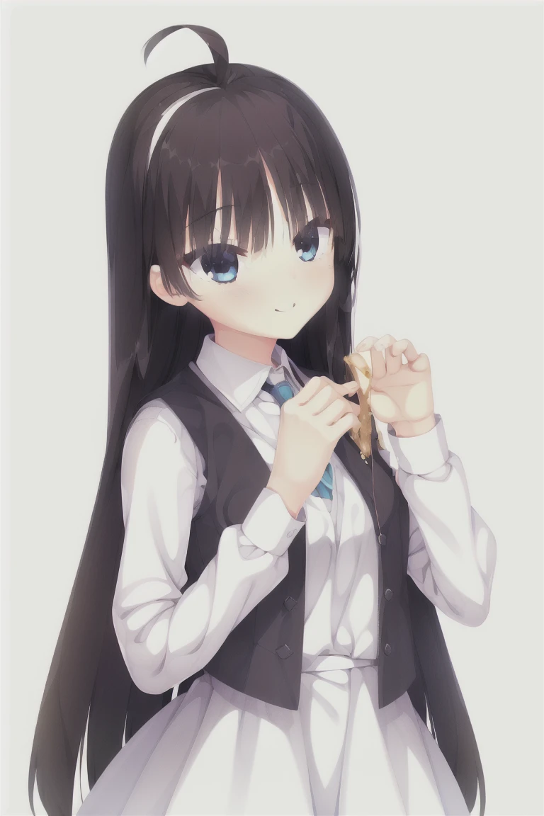 1girl,bangs,blunt_bangs,middle_long_hair,独奏,Blue_eyes,blush,simple_background,white_background,black_hair,necklace,smile,long_sleeves,dress,shirt,Vest,white_shirt,puffy_sleeves,closed_mouth,(Blue_Vest:1.3), bangs, Vest gilet, pullover Vest, collared_shirt, (white dress:1.35),expensive_solve, clear_image, expensive_Contrast, 8k, Sparkling, beautiful_detailed_face_and_eye, (Black Hair:1.25), 白 eye,White background,White background