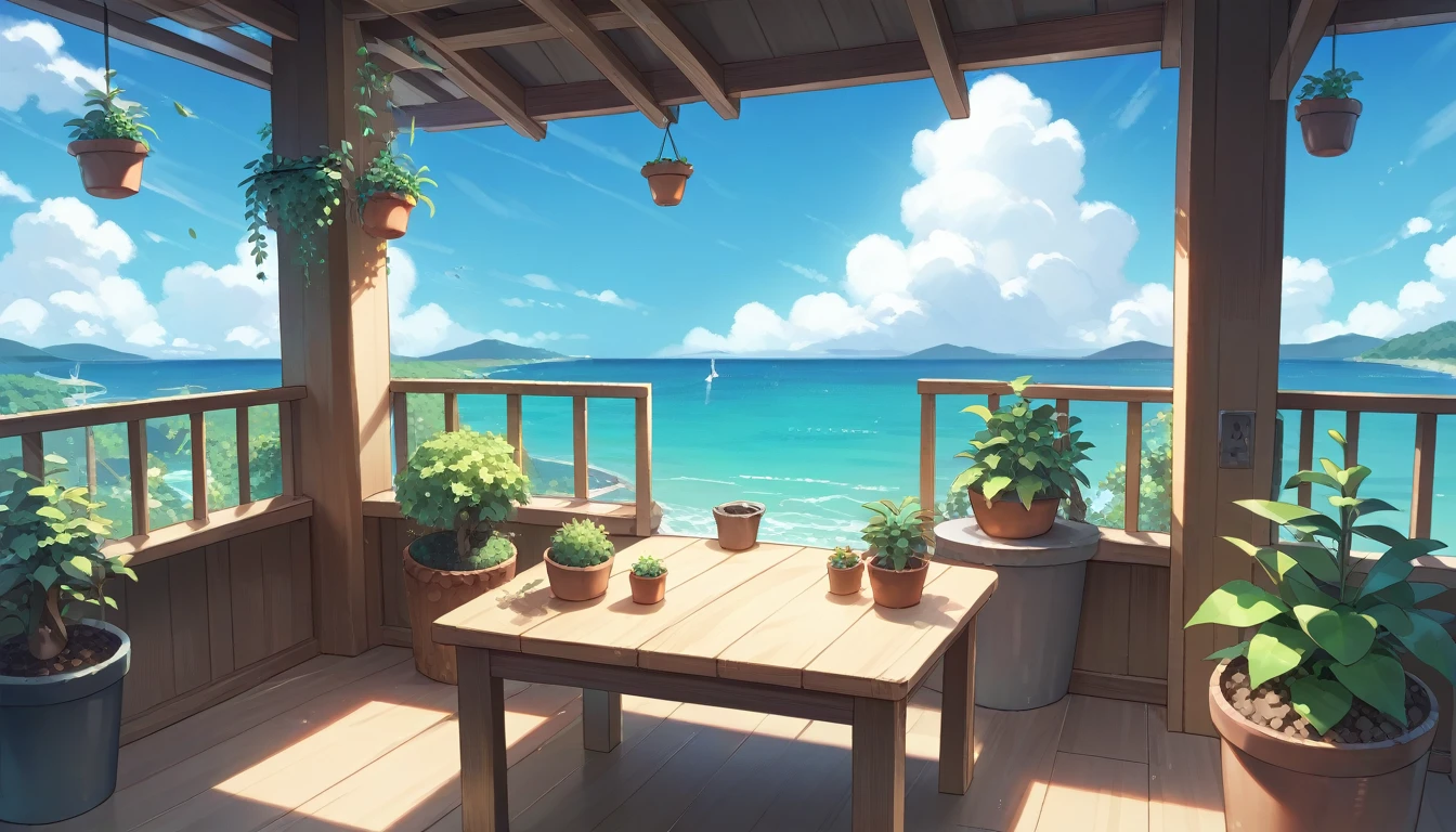 Rural landscape at daytime。Mountain and sea views。View from the elevated balcony。White clouds in the blue sky。The balcony is lined with potted plants.。There is a small wooden table。The overall color scheme is mainly vibrant blue and green, with warm sunlight streaming in.。The artwork is anime-style with vivid, bright colors.。With delicate details and soft lines and shadows。Illustrations with a calm and relaxing atmosphere。