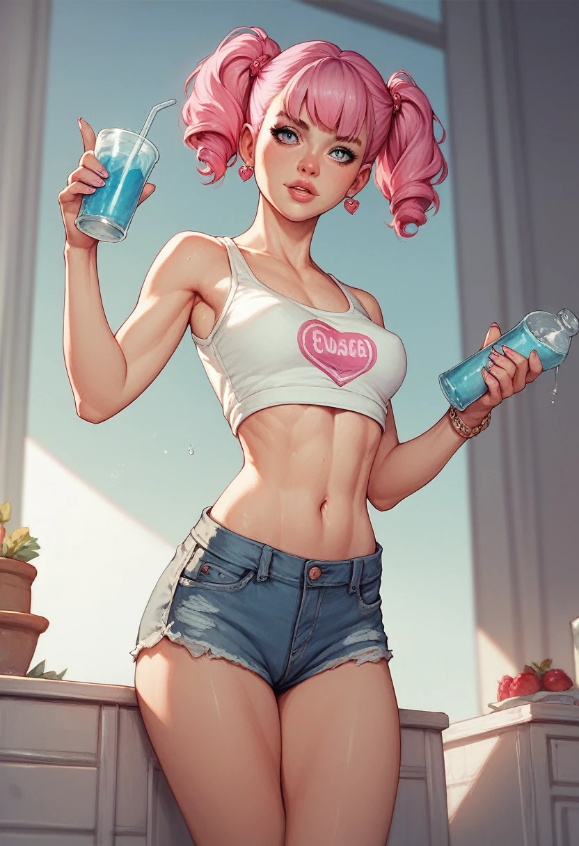 1 pretty woman, short pink hair with pigtails, small waist, skinny,