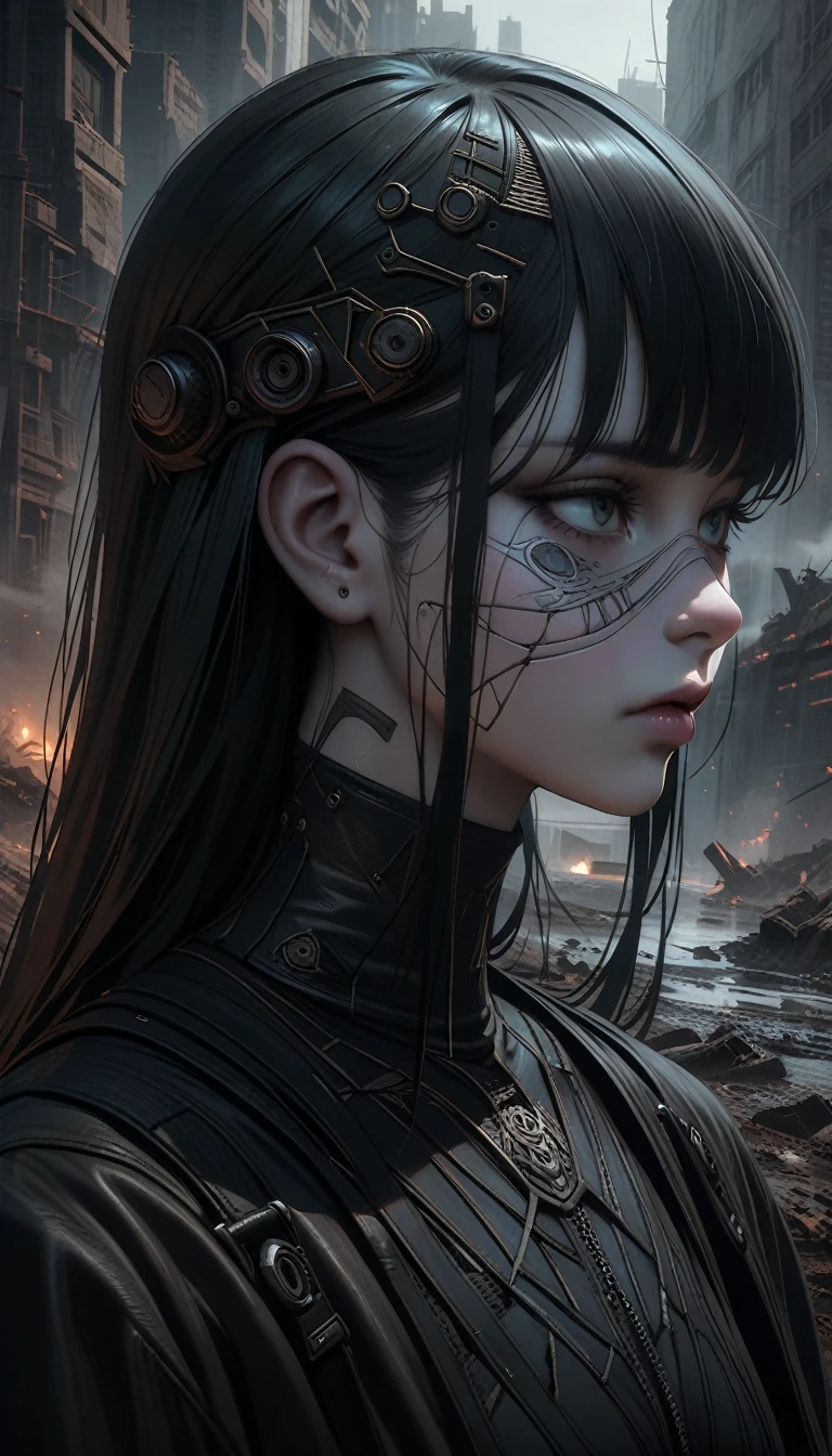 ((best quality)) , ((masterpiece)) , (detailed)，Jean-Joseph Benjamin-Constant, Glowwave, Photograph, Jake Parker, Alan Davis, Hipster Art, Cleancore, Art Deco Girl, Monstrous and Boring, Swirling, Metalcore, Film Washi, portrait art by Stanisław Ignacy Witkiewicz, detailed, intricate, background inspired, luxury, pure,(((Dystopian style, Inconsiderate . Bleak, post-apocalyptic, somber, dramatic, highly detailed)))