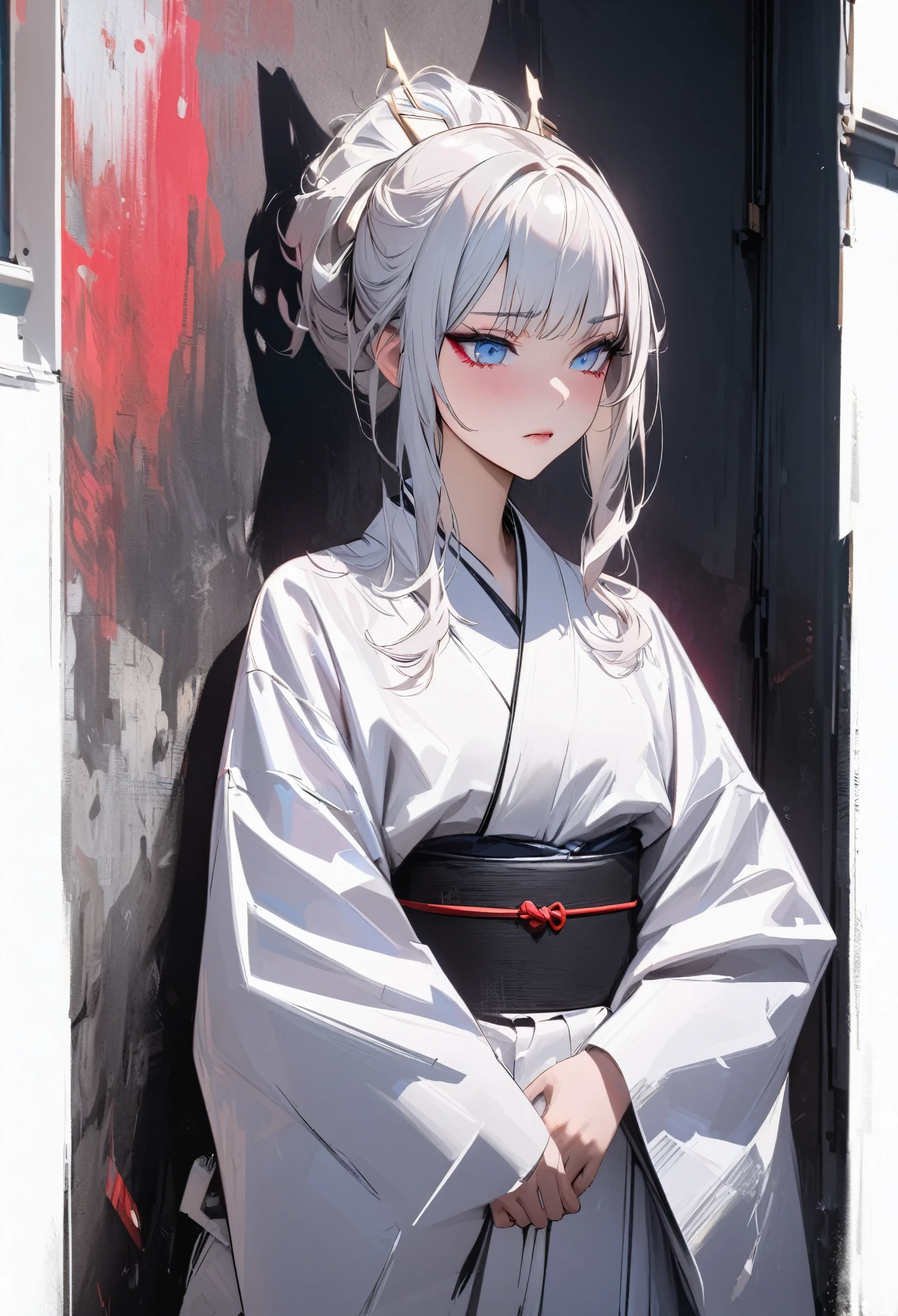 Young girl with white hair and blue eyes, indifferent expression, queen style, cyberpunk, wearing Japanese kimono, high-quality masterpiece, high-detailed red wolf half-length photo