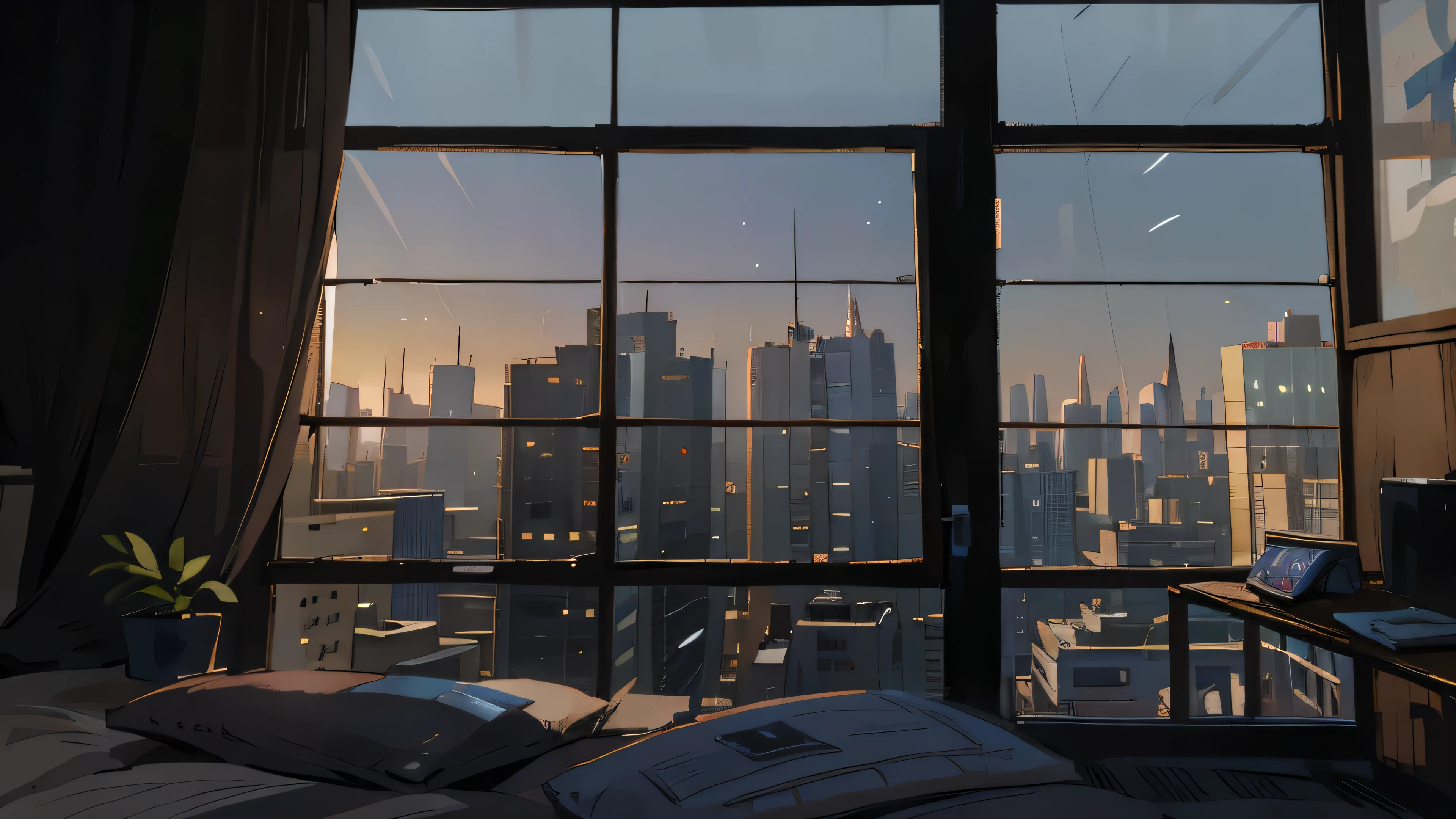 (best quality,4K,8K,high resolution,of the head's work'Art:1.2),Extremely detailed,(Practical,photoPractical,photo-Practical:1.37),Bedroom windows with city and skyscraper views,The room was well lit,The windows are huge:1.1,Wide panorama:1.1,Skyscrapers reach the sky,Tall, shiny glass building:1.1,A marvel of modern architecture,A vibrant urban landscape:1.1,Vibrant atmosphere:1.1,Obviously busy street filled with people and cars,Liquid circulation:1.1,Tower cranes constructing new building:0.9,panel'Colorful displays and advertisements:0.9,Impressive horizon against the sky:1.1,Building lights illuminate the night:1.1,contrast of natural and Artificial light:1.1,design'Elegant and simple interior,Modern furniture and decor:1.1,Warm and cozy atmosphere:1.1,hot, Soft lighting casts a soothing glow:1.1,Silhouette d'A person standing by the window:0.9,Amazing:0.9,Light reflections on windows:0.9,Perfect city view:1.1,chef Artistique impressionnant's work'Art featuring the modern urban landscape