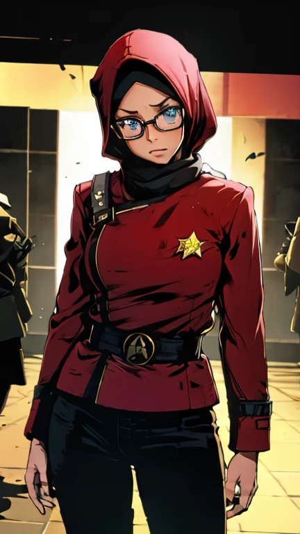 (Teens:1girl: hijab,glasses,tight shirt,hyper realistic,detail fave,twokunf uniform), (extremely detailed CG unit 8k wallpaper),(master part), (best quality), (ultra detali), (best illustration),(melhor ombre), cowboy shot, (Sharp eyeliner, ombre, detailed eyes:1), Starship bridge background, ,break , (star15escola:1.2), upper body,short hair, black hair, 1woman,1girl, red top, black pant