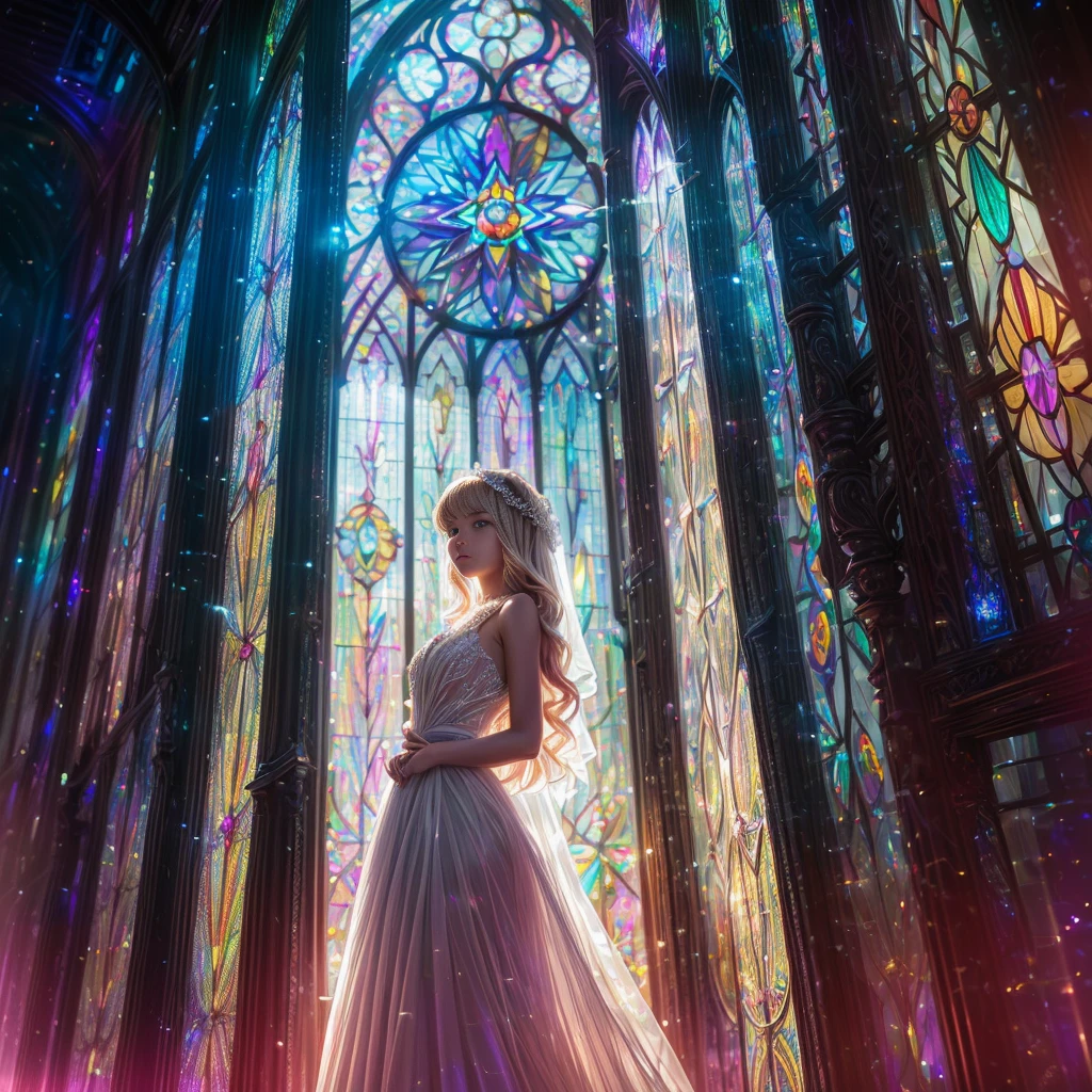 (Cathedral from below:1.28) (ZoomLayer) TopQuality 8K masterpiece of ((Professional photo)), (((Clarisse de Cagliostro))) (Detailed White WeddingDresses), Chain, (((Extremely detailed KAWAII face))) {((VeiledFace))|BlondeHair|(Elaborate BuleEyes)with(SparklingHighlights:1.28)}, The background is distant (((Elaborate stained glass))) Rainbow Glass, {(MysticSight)|EnchantingAtmosphere|Haze|(GodRays)|TyndallEffect}, Radiant PearlSkin with Transparency, (Exposed:0.39)