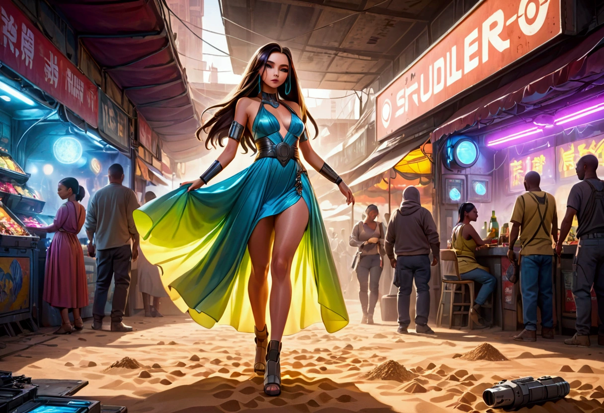 a lovely woman in an airy dress, marketplace on tattooine(area is seed, rusty, dusty, and used. People are dressed in ruddy outer layers but have vibrant clothing beneath. Dust and sand continually get on the floor. droids small and worn busy themselves battling the dirt and grime), aliens, star wars, cyberpunk, neon lights, crowd, futuristic, vibrant colors, detailed, photorealistic, 8k, high quality, cinematic, dynamic pose, beautiful girl, long flowing hair, intricate dress design, alien vendors, bustling marketplace, scifi atmosphere, dramatic lighting, advanced technologies, retro-futuristic, gritty urban, synergistic blend