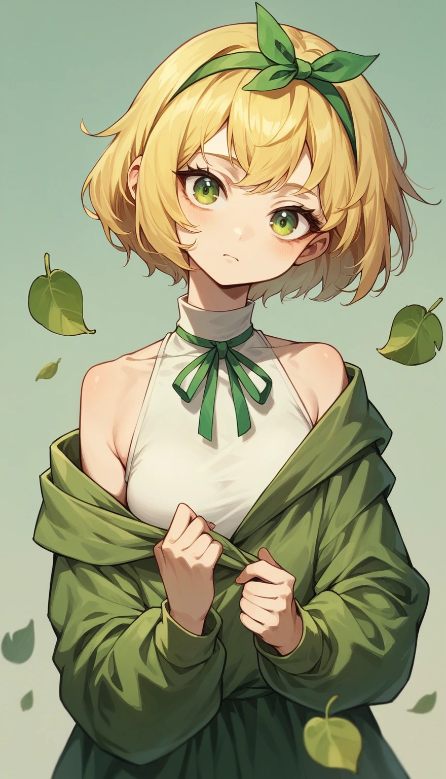 Generate a girl。Short blonde hair with a headband made of yellow-green ribbons that look like young leaves、Star-shaped lights in my eyes、It has a bright expression。
