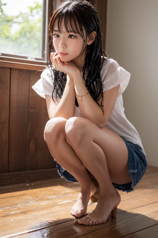 透けているピンク色の濡れた⚪︎⚪︎⚪︎を見せつけています,One girl, High resolution, Long Hair, Anatomically correct, Highest quality, Wet,front,Leg spread,squat,Not wearing,I'm not wearing it.,Beautiful inner thighs,,⚪︎⚪︎⚪︎が痒い