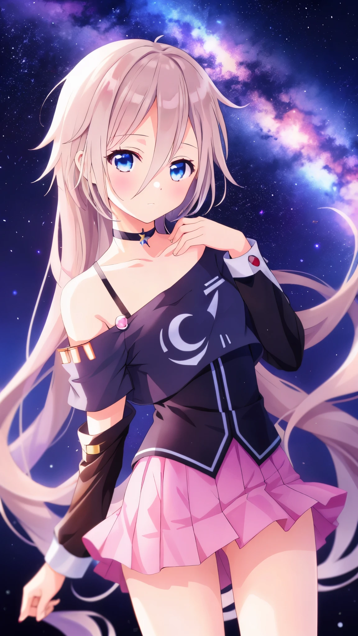 one girl, IA, Vocaloid, CeVIO AI, short skirt, black shirt, off shoulder, choker, beauty, starry sky, mysterious girl, close to girl, Aria on the Planetes, slender, cool, cowboy shot, pray for stars