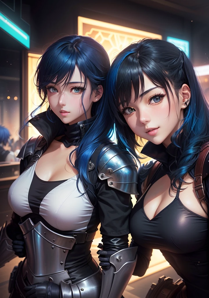 anime, two girls, a woman in a black leather outfit with blue hair and blue eyes, seductive tifa lockhart jet black haired cyberpunk girl. and, a woman in armor, knight female, girl in knight armor, female knight, gorgeous female paladin, blone haired paladin. hugging, anime style like fate/stay night, official artwork, two beautiful anime girls, light novel cover art, fate / stay night, puce and vermillion, sakimichan and frank franzzeta, fine details. girls frontline, kantai collection style, yandere