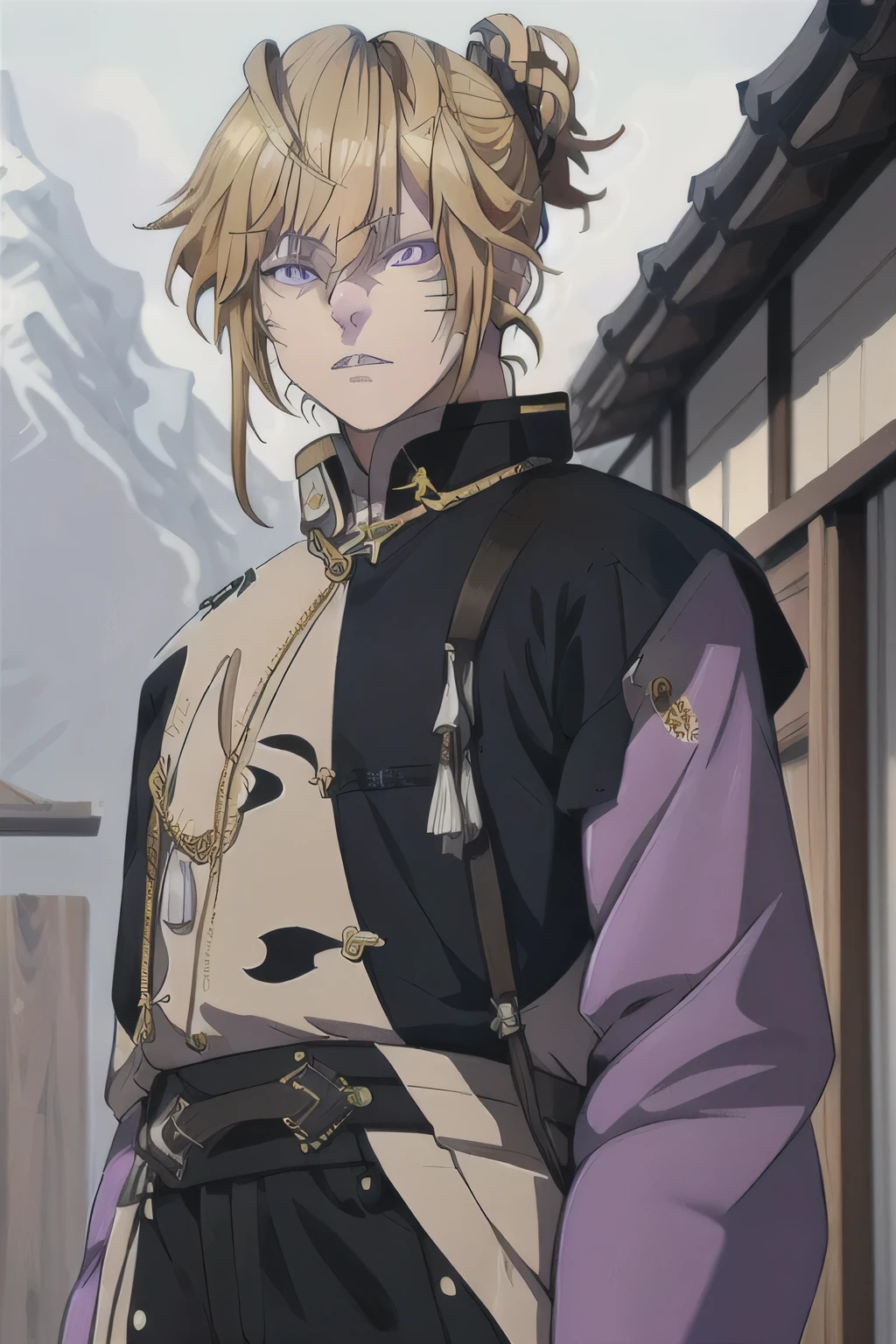 (Masterpiece, High Quality, Ultra Detailed, Same Eyes, Digital Painting ) a twenty years old boy in a old japanese house with his arms crossed, he has blond gold hair, purple eyes, wearing a punk outfit with zebra fur