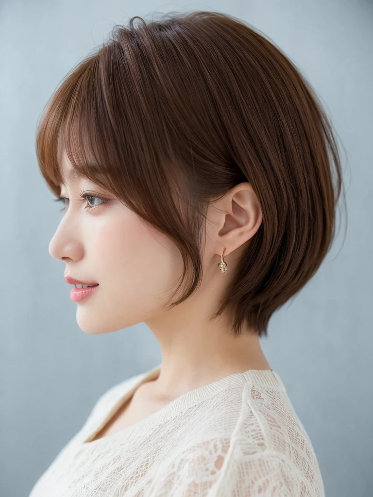 In front of a white door、(8k、RAW Photos、Highest quality、masterpiece:1.2)、High-quality RAW color photos、Professional photos、(Realistic、フォトRealistic:1.37)、Photographed in natural light、(Facing forward:1.5)、1 girl、Laughter、(Various poses)、Squat、Squat、break (Ombre:1.3) 、Winter clothes、 necklace、(Pastel colored clothes)、(Beautiful profile:1.3)、profile、Shortcuts、((Brown Hair)、short hair、Eye color is dark brown、(Beautiful profile:1.3)、Correct hand of human body、Simple earrings