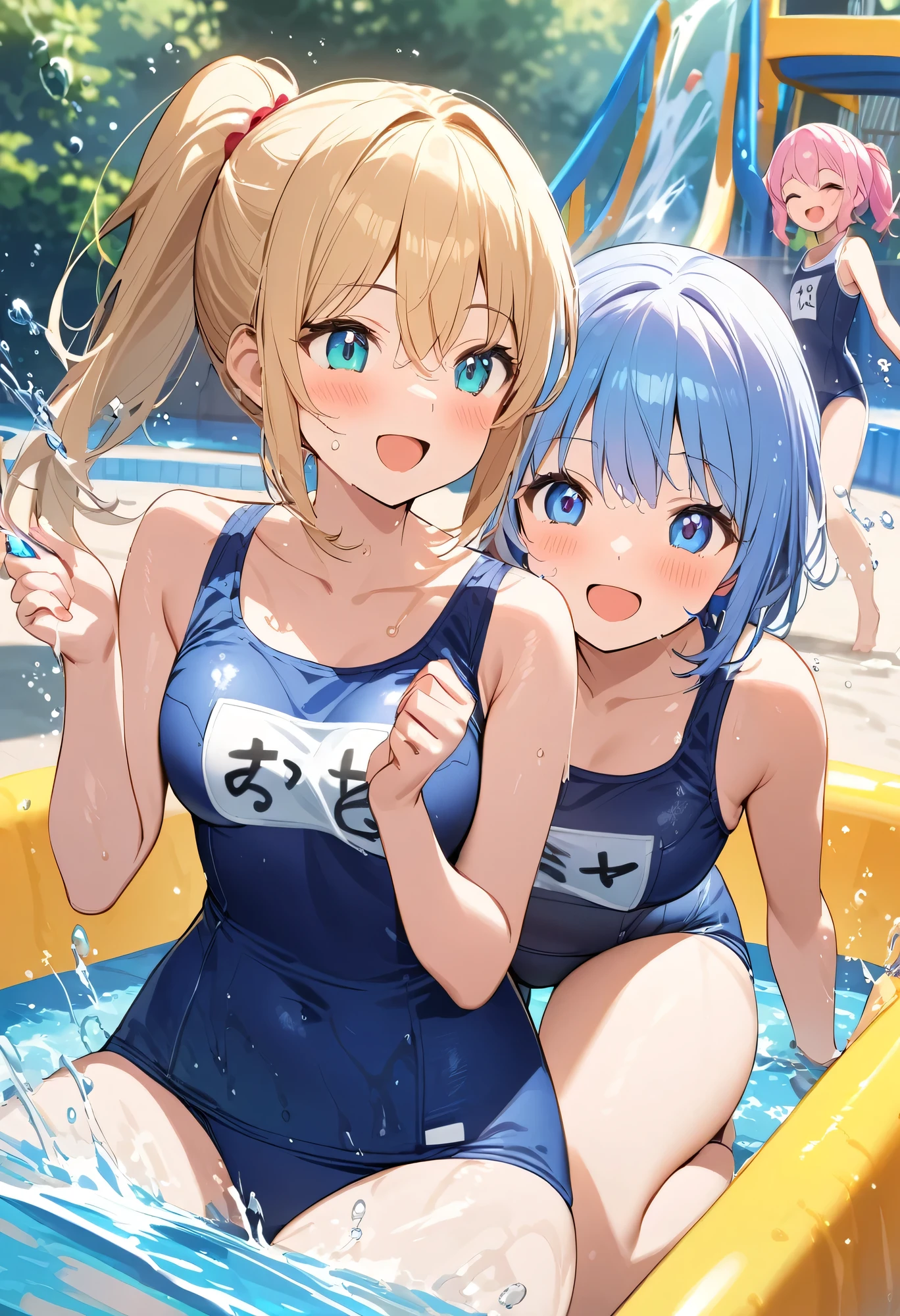 Highest quality、High resolution、Detailed Background、Beautiful face in every detail、Detailed facial expressions、Detailed eyes、age beauty、Highly detailed face、Light color hair、Bobcut、ponytail、Perfect body line、Water play spot、Water play slide、Water play event、
(Three girls playfully splashing water on each other:1.5)、
School Swimsuit、白いセーラーSchool Swimsuit、My whole body gets wet、Smiling、A big smile、A fun atmosphere、cute