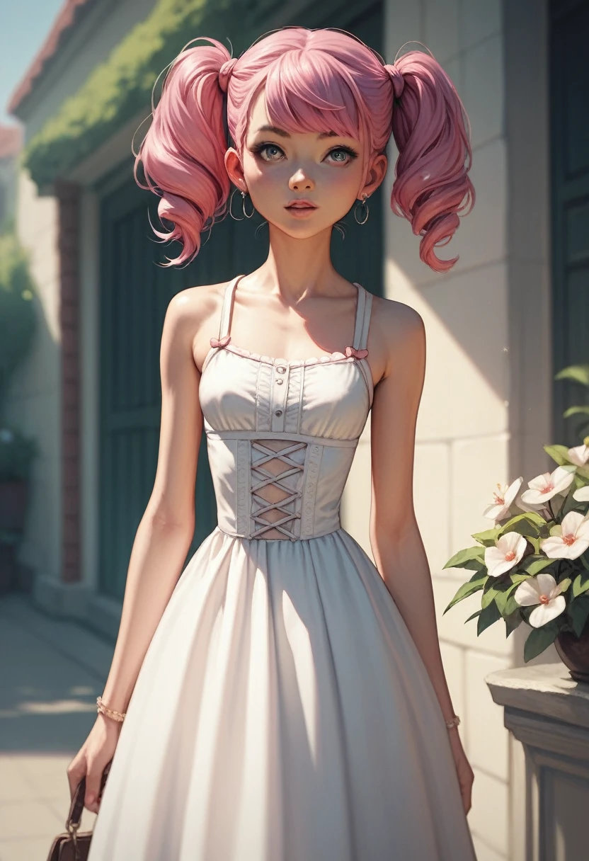 1 pretty woman, short pink hair with pigtails, small waist, skinny, cotton dress