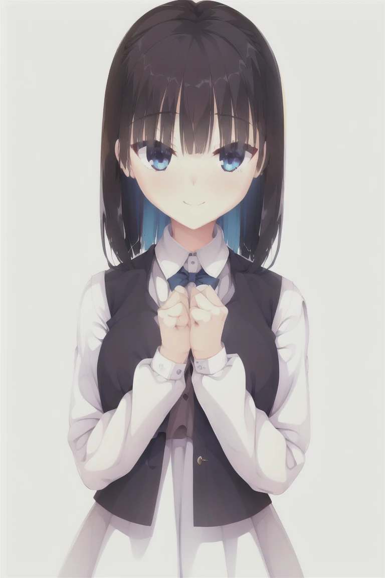 1girl,bangs,blunt_bangs,midium_hair,独奏,Blue_eyes,blush,simple_background,white_background,black_hair,necklace,smile,long_sleeves,dress,shirt,Vest,white_shirt,puffy_sleeves,closed_mouth,(Blue_Vest:1.3), bangs, Vest gilet, pullover Vest, collared_shirt, (white dress:1.35),expensive_solve, clear_image, expensive_Contrast, 8k, Sparkling, beautiful_detailed_face_and_eye, (Black Hair:1.25), 白 eye,White background,White background