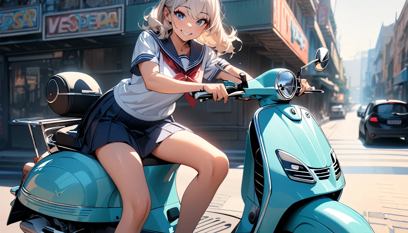 (Highest quality:1.2, Very detailed, Latest, Vibrant, Ultra-high resolution, High Contrast, Super Detail, masterpiece:1.2, Highest quality, Best aesthetics), (((1 girl))), Beautiful woman, (smile:1.2), Vespa, (high school girl riding a scooter), Detailed skin texture, Sailor suit, Pleated skirt, Detailed face, Detail Eye, Beautiful Eyes, Hair blowing in the wind, Detailed scooter, ((Vespa:1.2)), Pop Art.
