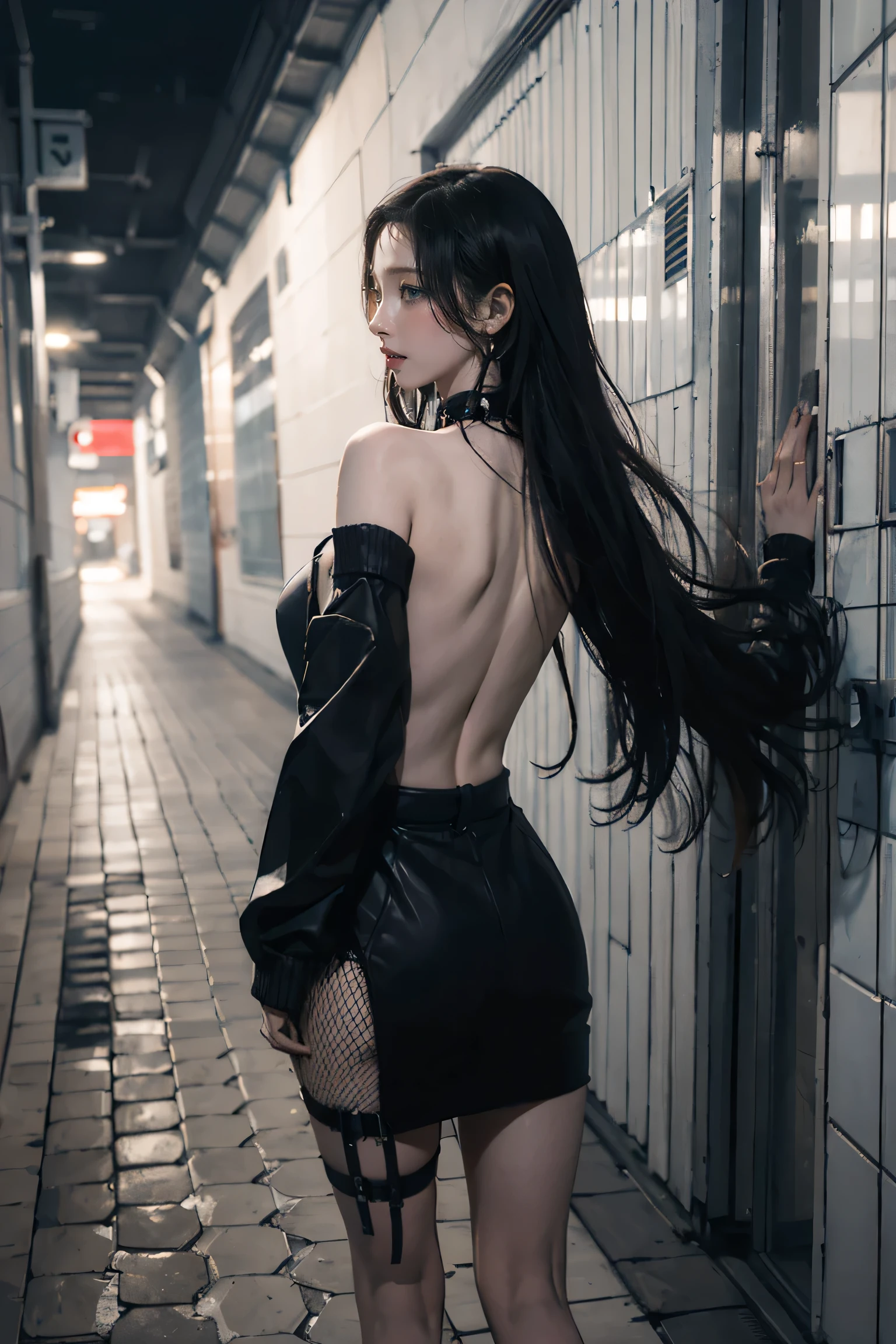 Looking at the camera,(((Highest quality, 8k, masterpiece))), Sharp focus, (Beautiful woman with perfect figure), thin, (Hairstyle: Excellent)), ((Back alley at night)), street: 1.2 Highly detailed face and skin texture Detailed eyes double eyelid random pose, Realistic Face, double eyelid,smile, Cyberpunk City , At sunset , Beautiful Teeth , Thigh straps, Wear a leather jacket、Off-the-shoulder sweater、Grey vertical rib sweater dress、Fishnet tights、garter belt、Night view、