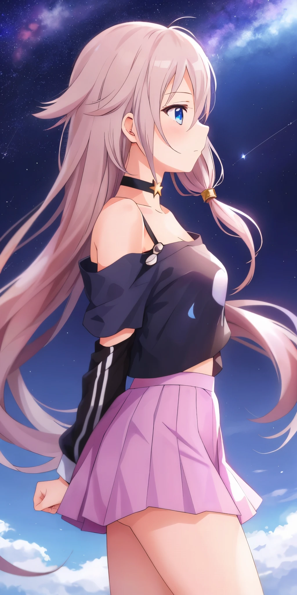 one girl, IA, Aria on the Planetes, off shoulder, black shirt, short skirt, choker, from side, starry sky, look at the sky, pray for stars