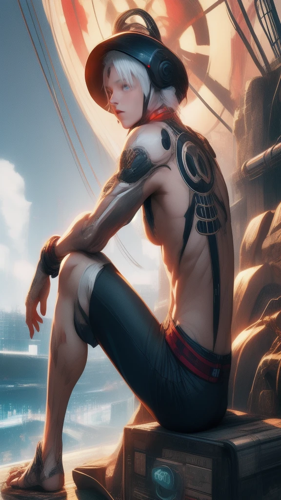 "dark theme :: closeup face focus, ultra realistic futuristic cyberpunk muscular male white hair sitting :: cyberpunk face (cyber eyes) :: cool cybernetic punk jacket red neon eyes :: shirtless:: mechanical intricate mask :: natural lighting :: bokeh :: 8k :: best quality :: masterpiece :: futuristic cityscape background"