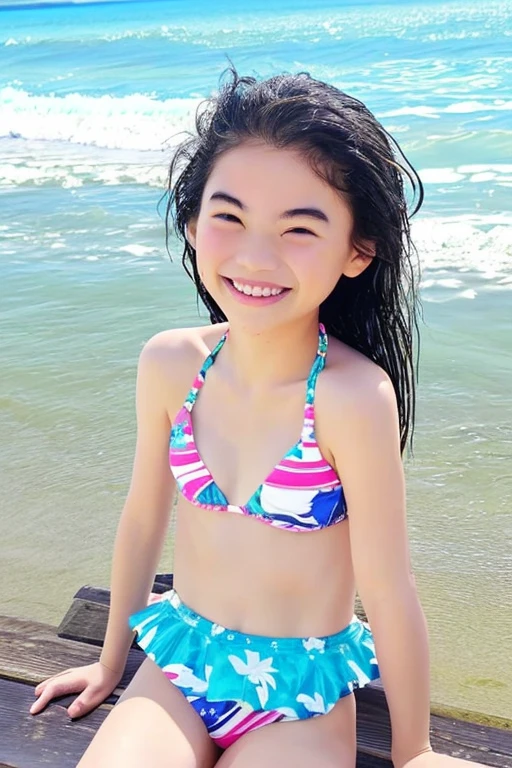 8-year-old、Beach、Seaside、pretty girl、Cute Face、ヌーディストBeach、Tropical、smile、bathing、Relaxed posture、Swimwear、Expose、Slipping