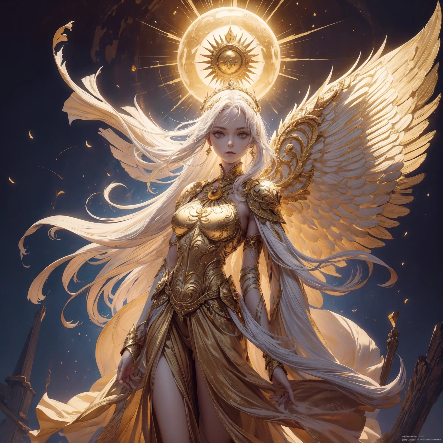 Art of Woman Wearing Sun Crown, Wearing a gorgeous golden breastplate that exposes a small amount of skin above the chest, Wearing a gorgeous golden dress, A pair of giant angel wings taller than the body spread out behind the woman., ancient goddess art, Sacredness. Very detailed, Mysterious inspiration, Inspiration from the Sun God, Religious inspiration, A divine background, Cold and snobbish face, Dangerous expressions, White hair, Standing pose floating in the air, One of the hands holds a brilliant sphere as bright as the sun., Full body portrait, Gothic art style, Weird art style, Occult art