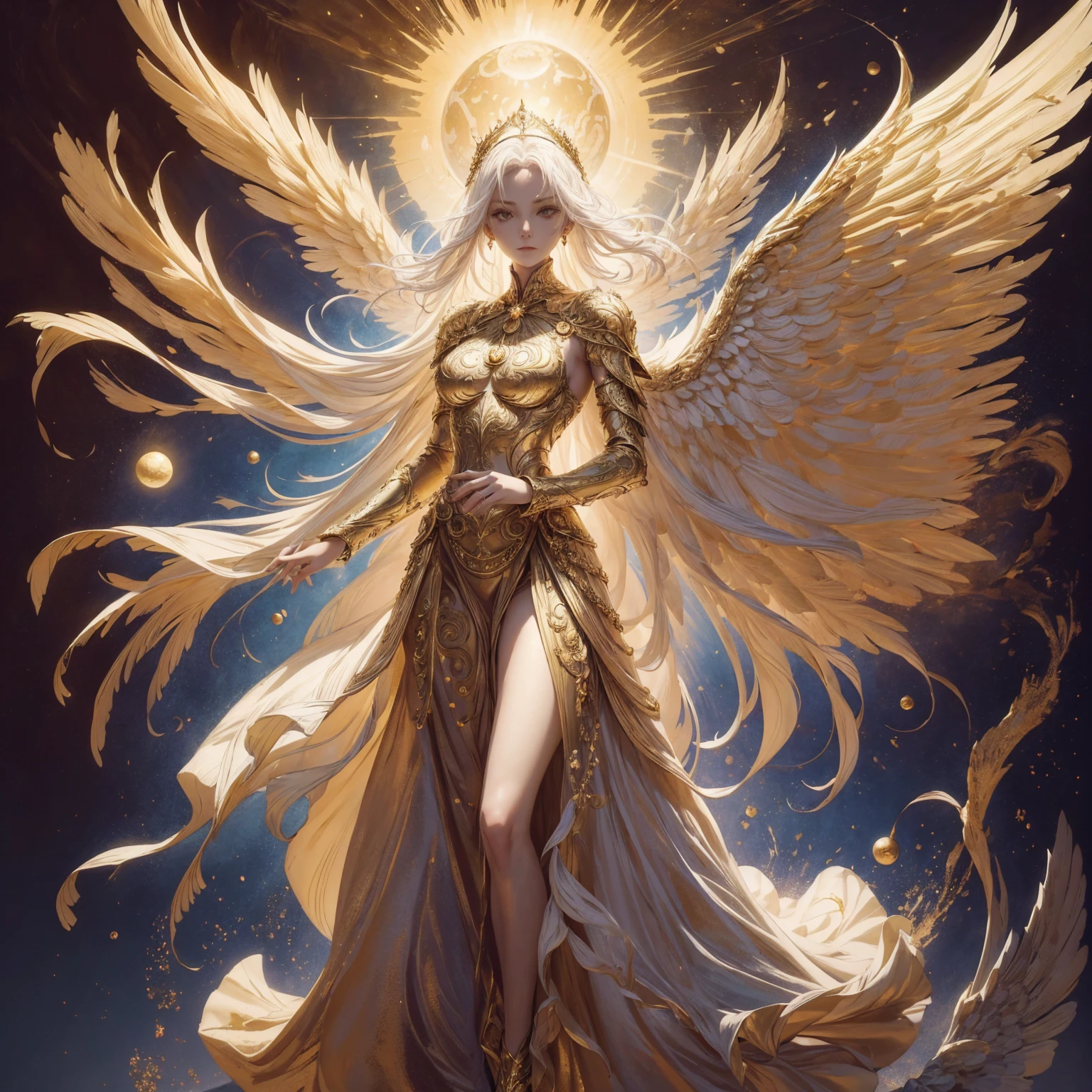 Art of Woman Wearing Sun Crown, Wearing a gorgeous golden breastplate that exposes a small amount of skin above the , Wearing a gorgeous golden dress, A pair of giant angel wings taller than the body spread out behind the woman., ancient goddess art, Sacredness. Very detailed, Mysterious inspiration, Inspiration from the Sun God, Religious inspiration, A divine background, Cold and snobbish face, Dangerous expressions, White hair, Standing pose floating in the air, One of the hands holds a brilliant sphere as bright as the sun., Full body portrait, Gothic art style, Weird art style, Occult art